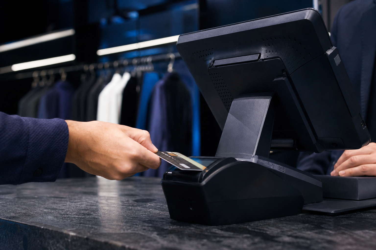 Customer paying by card at a point-of-sale terminal protected by PCI DSS controls