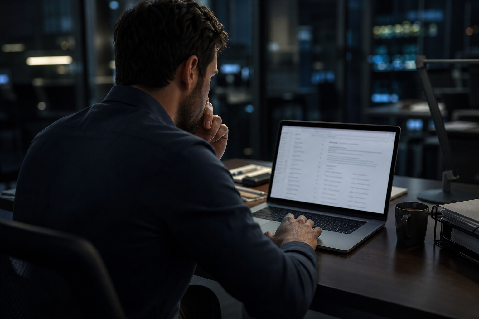 Office worker examining a suspicious phishing email on a laptop